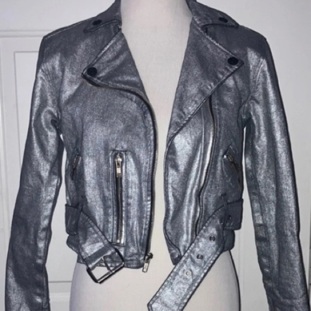 Mother Denim Friday Night Freestyle Metallic Silver Coated Moto Jacket XS - Picture 7 of 12